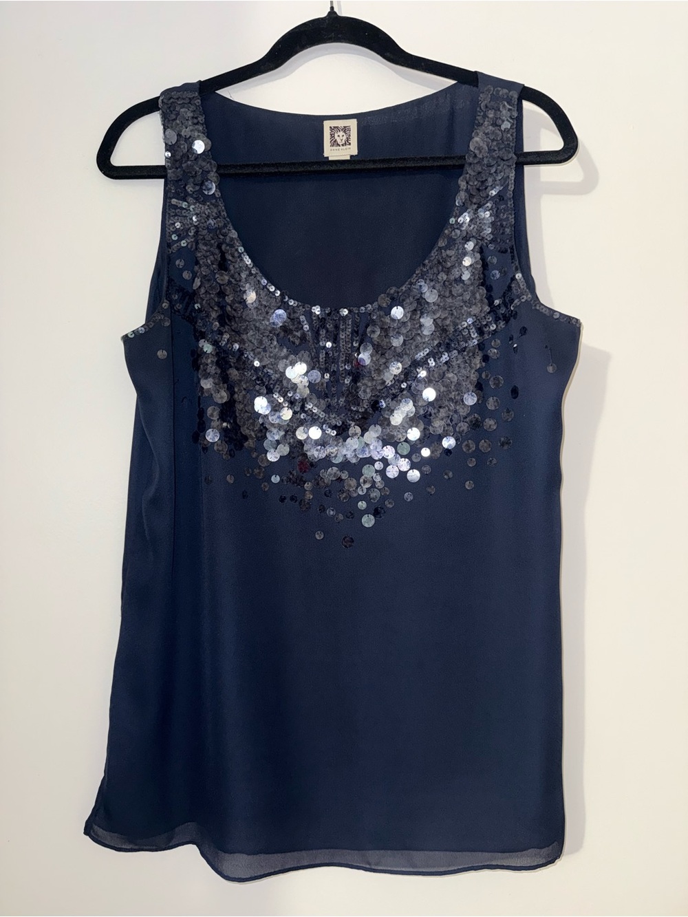 Anne Klein Navy Sequin Scoop Neck Sleeveless Top
